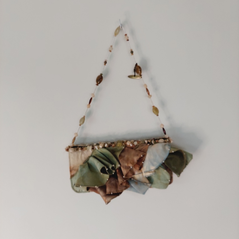 Mary Frances Suede Ruffled Handbag Handcrafted Earth Tones Beaded Strap